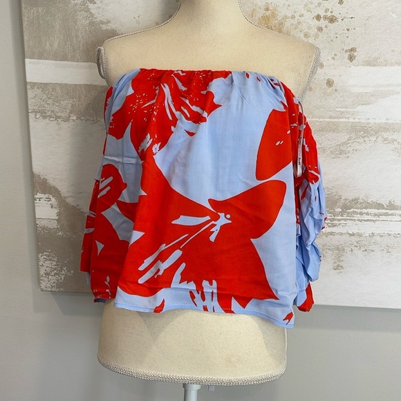 Bardot Women's Floral Print Off Shoulder Crop Top Blue Red Size 6 - Picture 2 of 9